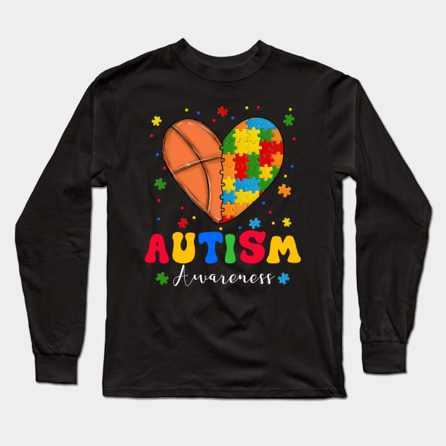 Puzzle Basketball Ball Heart Autism Awareness Autistic Long Sleeve T-Shirt by inksplashcreations